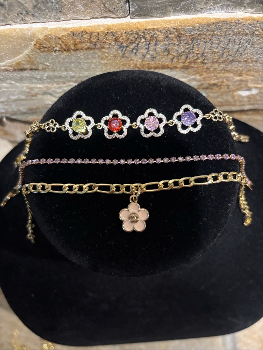 Gold Flower Charm Bracelet Set with Multicolor and lavender Accents